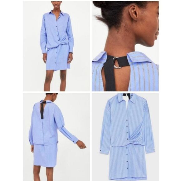 Zara Small Shirt Dress Button Front Blue Stripe Twist Front Long sleeve - Picture 1 of 11